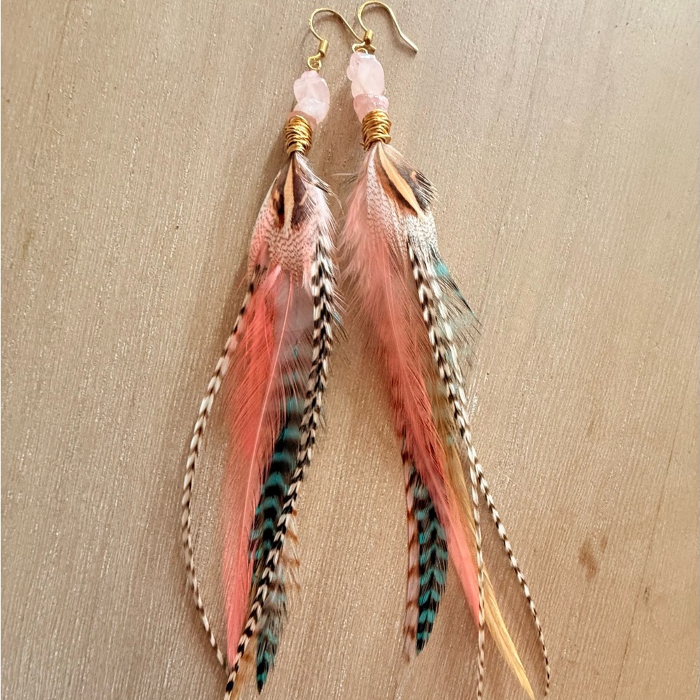 Boho Pink Feather Drop Earrings - Unbranded